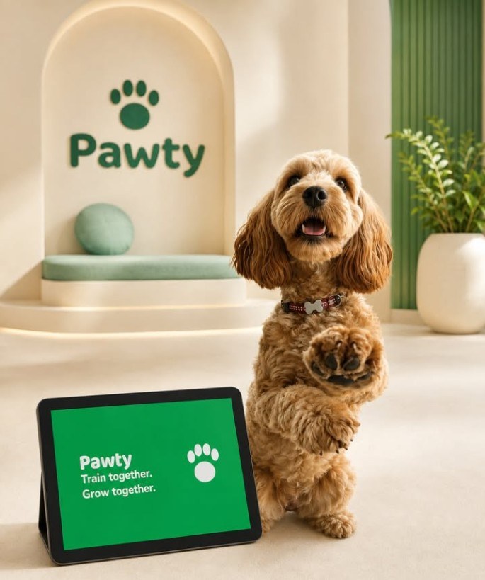 Nala, ein Cockapoo, sitzt aufrecht neben einem Tablet mit der Pawty App