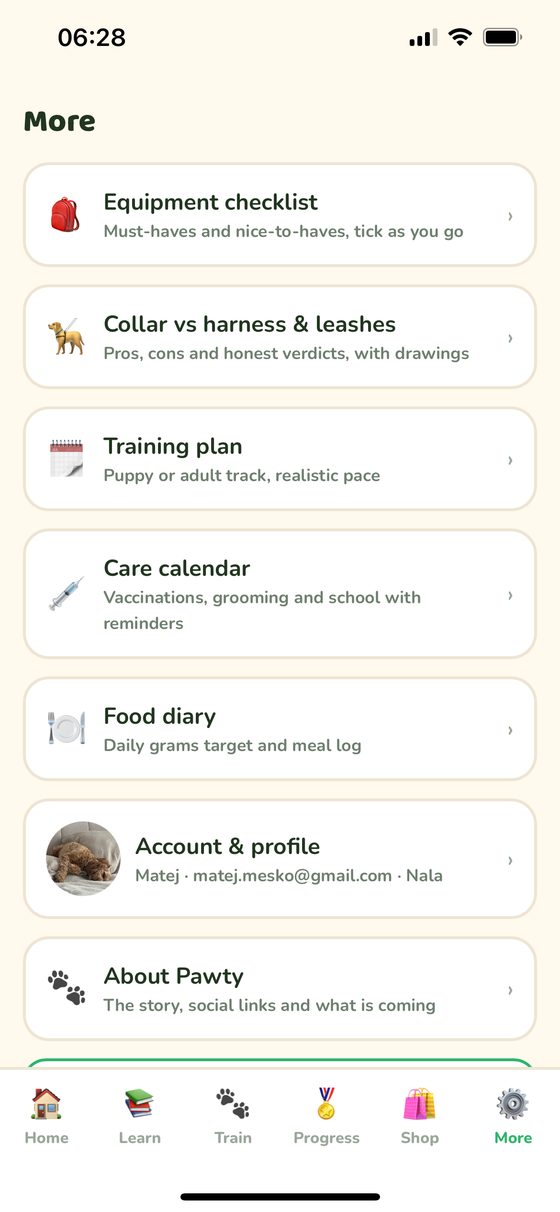 Der Tab Mehr in Pawty mit Checkliste, Trainingsplan, Pflegekalender und Futtertagebuch