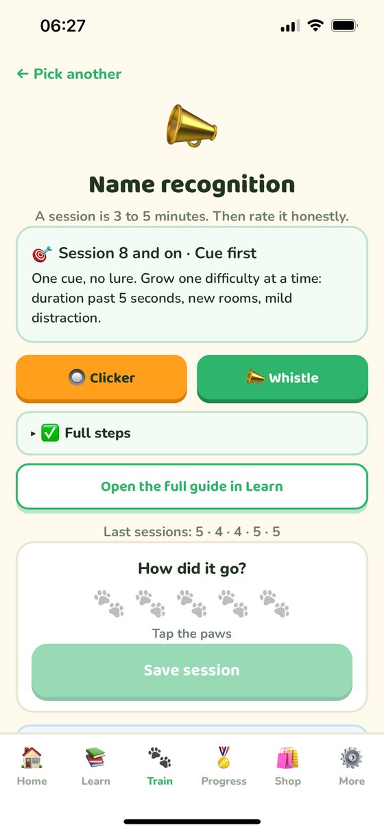Eine Pawty Trainingseinheit mit Clicker, Pfeife und einer Bewertung von 1 bis 5 Pfoten