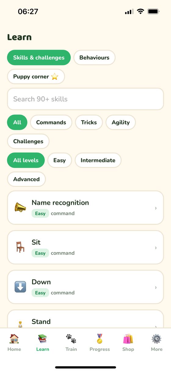 Die Skill-Bibliothek von Pawty, gefiltert nach Kommandos, Tricks, Agility und Schwierigkeit